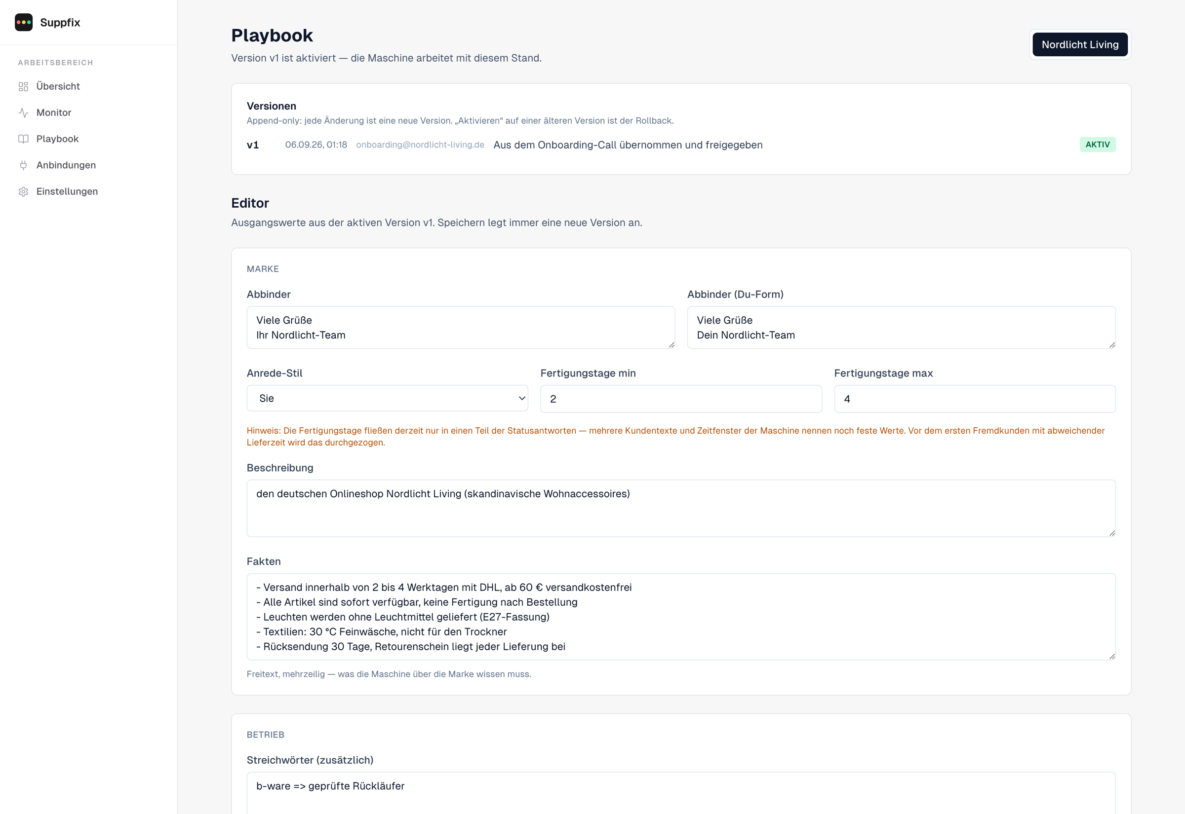 Playbook-Editor mit Abbinder, Fakten, Grenzen und Anweisungen je Anfrageart