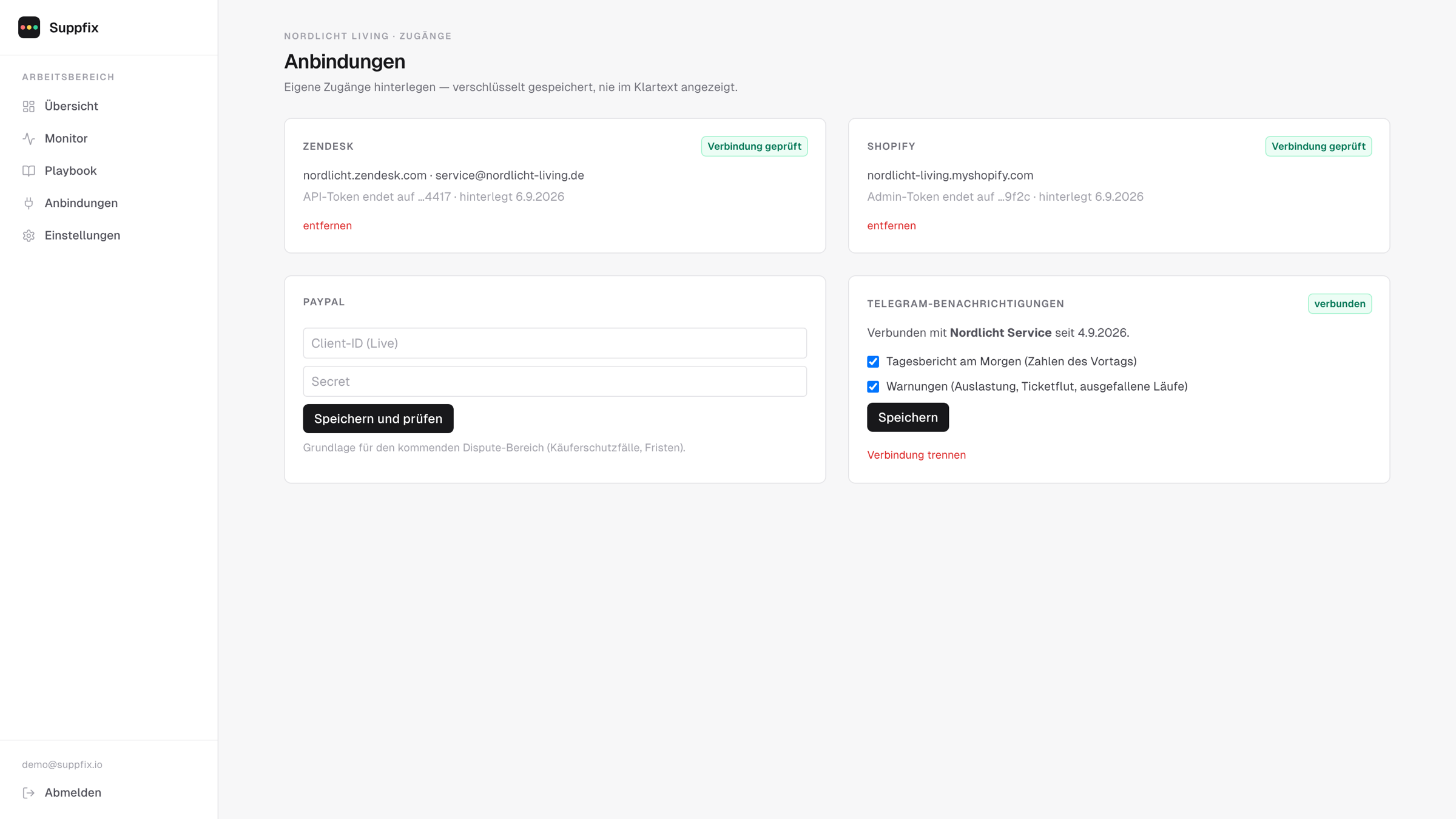 Anbindungen-Seite mit geprüftem Verbindungsstatus für Zendesk, Shopify und PayPal